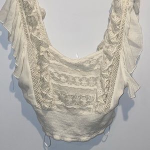 Free People White Lace And Ruffle Crop Top - Small